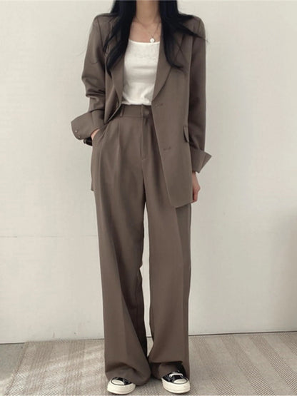Korean Office Lady Fashion Blazer Suit Women's Two-Piece Set Casual Button Jacket Wide Leg Pants Outfits Work Clothes Autumn New