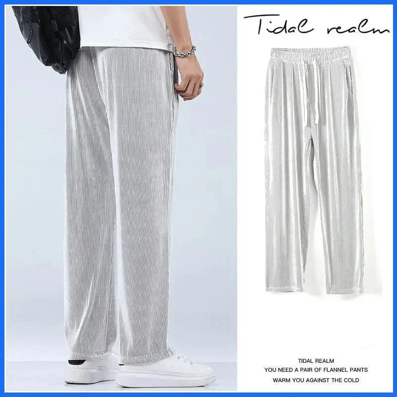 maoxiangshop Summer Straight Pants Men's Loose Thin Section Drape Ice Silk Pants Wide Leg Sports Pants Casual Pants Fits 100kg