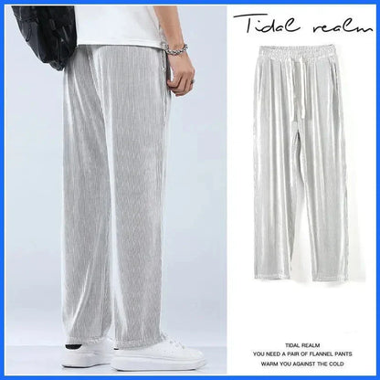 maoxiangshop Summer Straight Pants Men's Loose Thin Section Drape Ice Silk Pants Wide Leg Sports Pants Casual Pants Fits 100kg