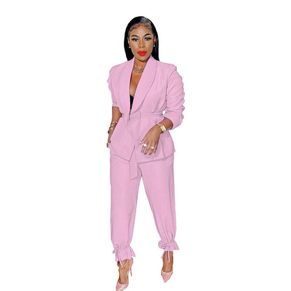 maoxiangshop Causal Solid Two Piece Set Women Fashion Two Piece Outfit Long Sleeve Open Coat Pencil Pants Suit Women Work Suits