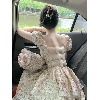 Tea Break French Dresses Floral Bubble Sleeve Dress 2024 Women Summer Waist Backless Bow Princess Poncho Vestido