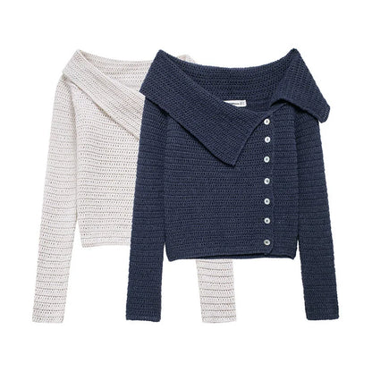 maoxiangshop  -  Single Off Shoulder Irregular Sweater Top Women 2024 Autumn Casual Fashion Solid Turn Down Collar Long Sleeve Breasted Lady Top