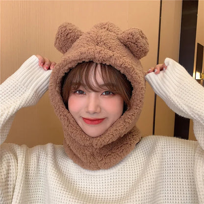 maoxiangshop Cute Bear Ear Hat Scarf Set Kawaii Women Winter Beanies Caps Warm Casual Plush Hat Casual Female Keep Wammer Anime Gift