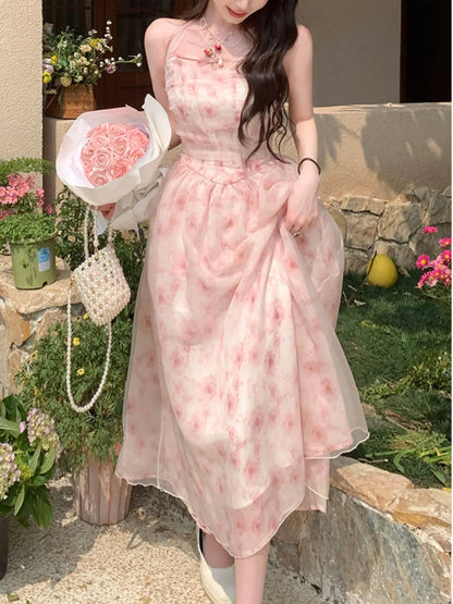 Summer Elegant Korean Sweet Pink Halter Dress Women Casual Y2K Print Chiffon Sleeveless Party Vestidos Fairy Princess Clothes