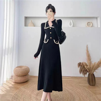 Elegant Knitted Midi Dress Women Black Long Sleeve Sweater Dresses Fall Winter Ladies Korean Fashion Bodycon Vestidos New