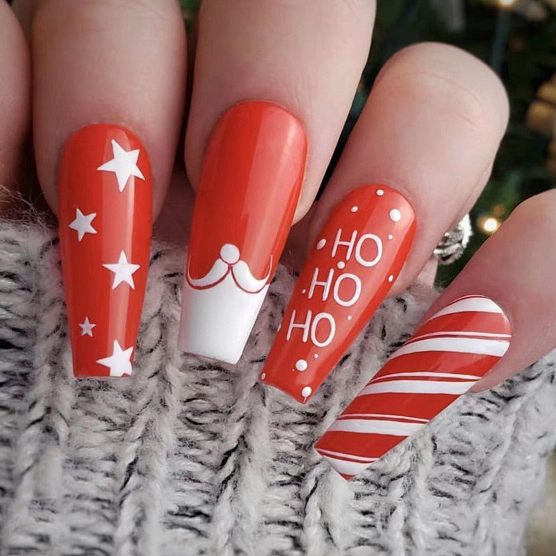 24Pcs Long Ballet Christmas False Nails Wearable Xmas Style Fake Nails Elk Santa Claus Design Full Cover Press on Nail Tips