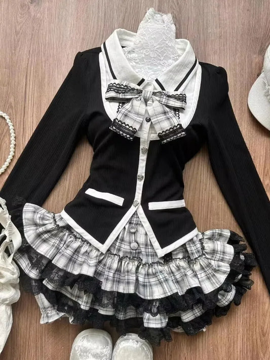 maoxiangshop  -  French Autumn Winter Vintage Bow 2-piece Set Women Aesthetic Chic Long Sleeve Cardigan+Elastic Waist Lace Patchwork Skirt Suit