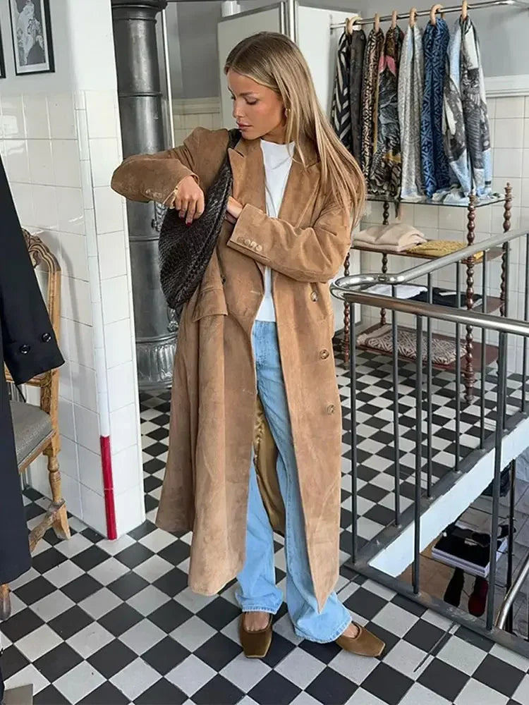 maoxiangshop  -  Women Fashion Solid Long Windbreaker Jacket Casual Lapel Double Breasted With Pocket Coat 2024 Autumn Winter Commute Outcoat