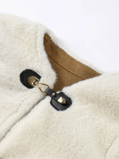 maoxiangshop  -  2024 Winter Lambs Wool Jacket Coat Loose O-neck Leather Knot Buckle Long Sleeve Plush Jackets Autumn Fashion Lady Solid Outwear