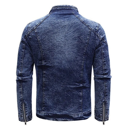 maoxiangshop New Motorcycle Denim Jacket Men Retro Zippers Stand Collar Denim Coats Mens Cotton Slim Fit Denim Jacket Moto Biker Outerwear