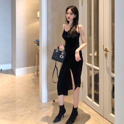 maoxiangshop New Vintage Women Dress Spaghetti Strap Slit Velvet Black Dress Sexy Bodycon Bandage Dress Midi Party Dress Verano Vestidos