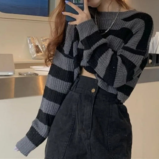 maoxiangshop Korean Style Striped Cropped Sweater Women Vintage Oversize Knit Jumper Female Autumn Long Sleeve O-neck Pullovers Tops