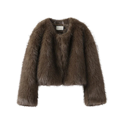 maoxiangshop  -  Short Faux Fur Coats Women Plush Autumn Winter O-neck Open Stitch Loose Women's Coat Long Sleeve Casual Jacket Female Streetwear