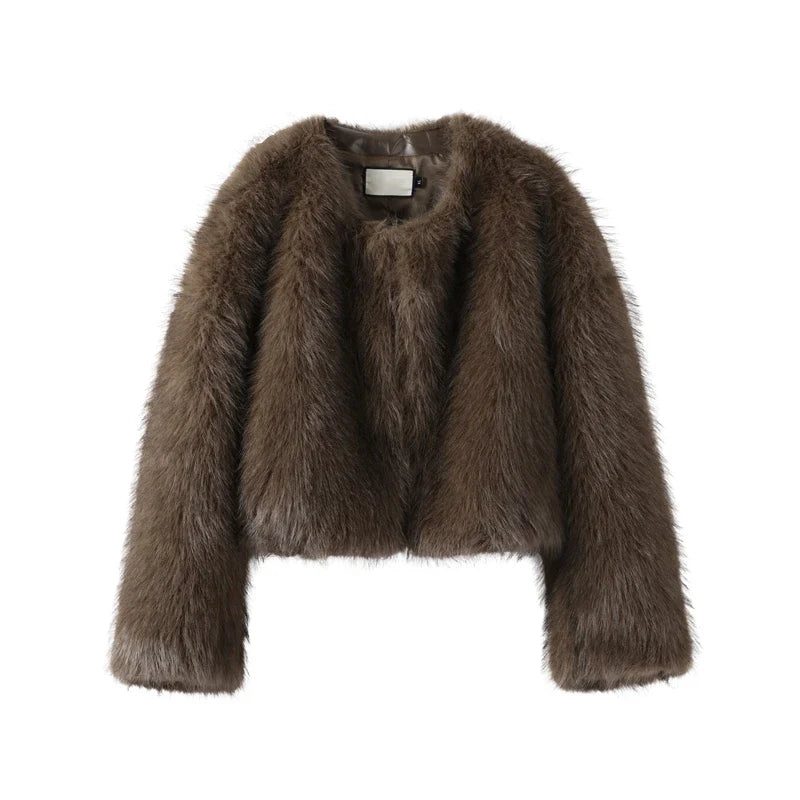 maoxiangshop  -  Short Faux Fur Coats Women Plush Autumn Winter O-neck Open Stitch Loose Women's Coat Long Sleeve Casual Jacket Female Streetwear