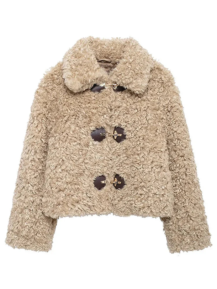 maoxiangshop  -  Winter Plush Warm Windproof Women's Coat Fashion Turndown Collar Single Breasted Short Coats Women Simple Casual Outerwears
