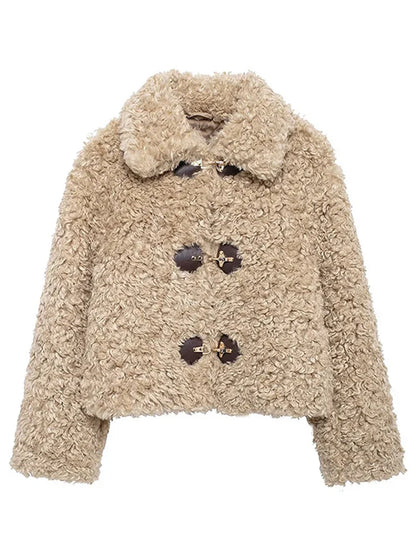 maoxiangshop  -  Winter Plush Warm Windproof Women's Coat Fashion Turndown Collar Single Breasted Short Coats Women Simple Casual Outerwears