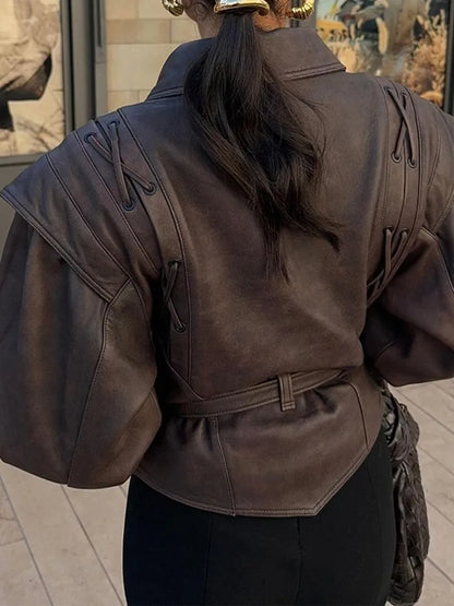 maoxiangshop  -  Fashion Leather Woman Short Jacket With Belt Turn Down Collar Long Sleeve Motorcycle Coat Ladies Winter Warm Street Outerwear