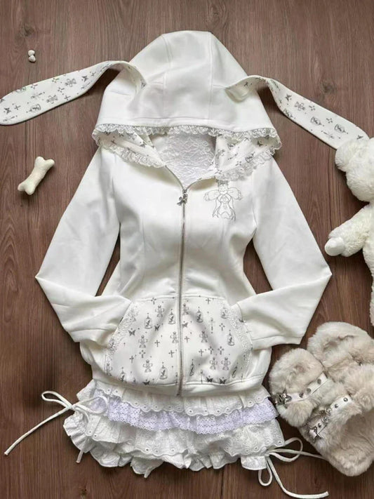 maoxiangshop  -  Korean Cute 2 Pieces Set Y2K Aesthetic Cartoon Patchwork Lace Rabbit Ears Hoodies + Bandage Lace Mini Cake Skirts Fairy Outfits