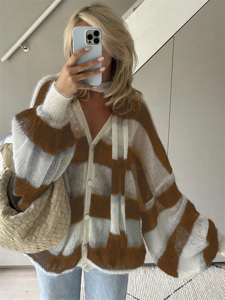 maoxiangshop  -  V-Neck Scarf Sweater Cardigan Female Contrast Casual Patchwork Autumn Hollow Out Outwear Women's Knitwear Coat Cardigan
