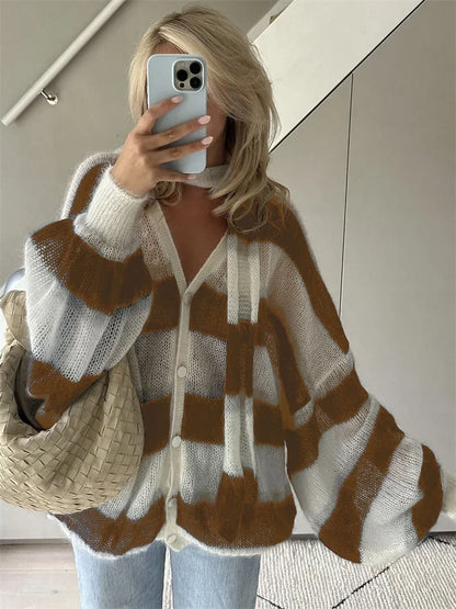 maoxiangshop  -  V-Neck Scarf Sweater Cardigan Female Contrast Casual Patchwork Autumn Hollow Out Outwear Women's Knitwear Coat Cardigan