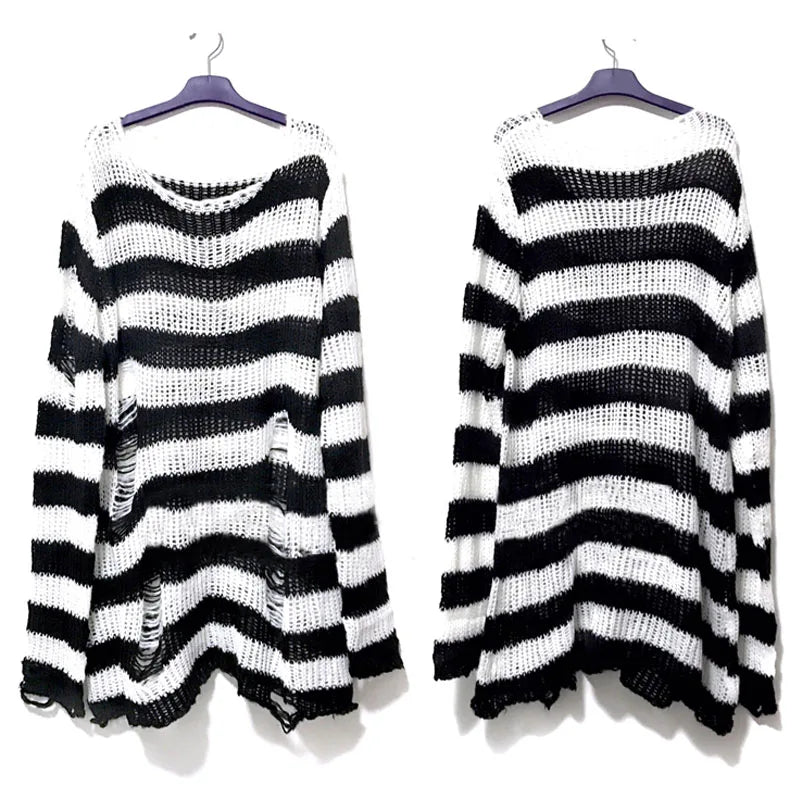 maoxiangshop New Punk Gothic Long Unisex Sweater Summer Women Striped Cool Hollow Out Hole Broken Jumper Loose Rock Thin Dark Streetwear Top