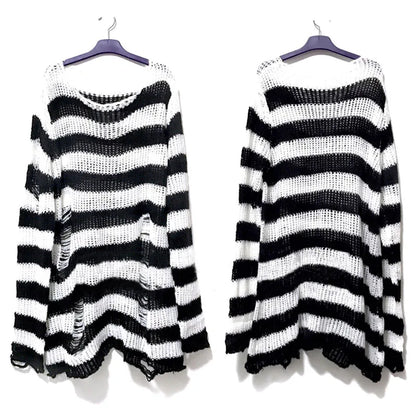 maoxiangshop New Punk Gothic Long Unisex Sweater Summer Women Striped Cool Hollow Out Hole Broken Jumper Loose Rock Thin Dark Streetwear Top