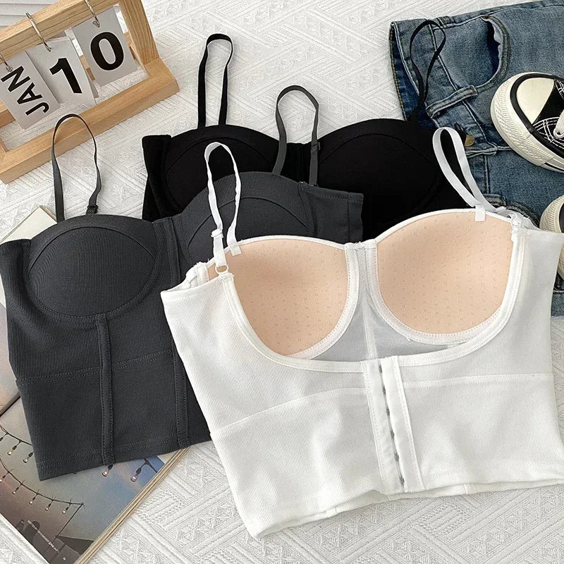 maoxiangshop Strap Sexy Tanks Women Solid Colours Femme Croset Crop Tops Built in Bras Korean Fashion Backless Camisole