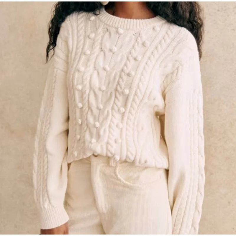 maoxiangshop -  Round Neck Ball Embellished Sweater Women Long Sleeved Warm Knitwear Pullover Autumn Winter Fashion Female Casual Jumper
