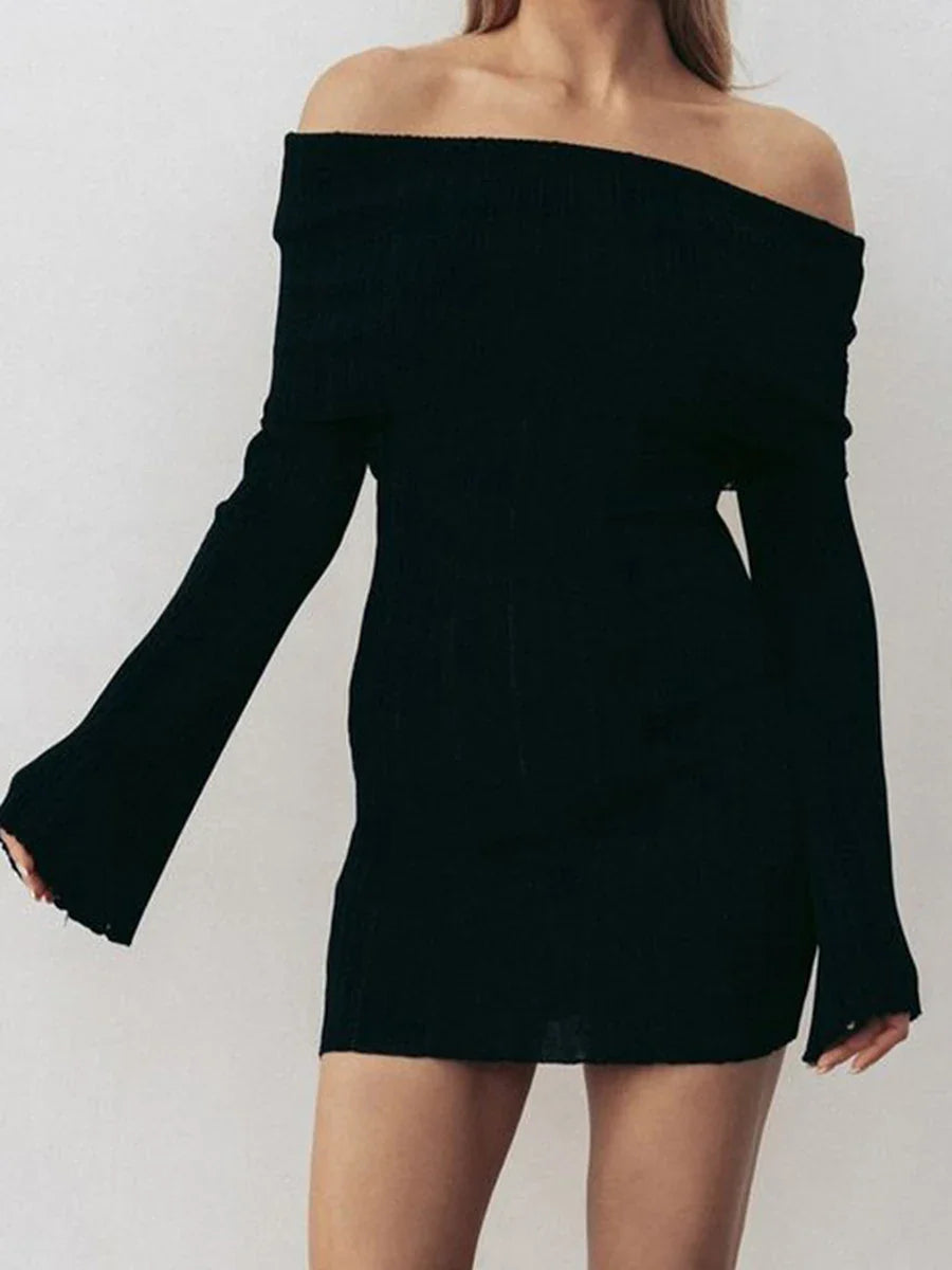 maoxiangshop  -  Off Shoulder Sexy Slim Mini Dress Women Autumn New Strapless Long Sleeve Solid Knitted Dresses 2024 Elegant Fashion A-line Dress