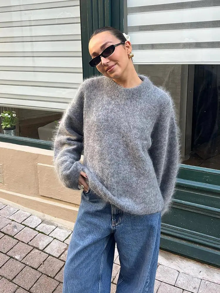 maoxiangshop -  Women Solid O-neck Mohair Knitted Sweater Autumn Fashion Long Sleeve Pullover Jumper Vintage Loose Basic Female Knitwear