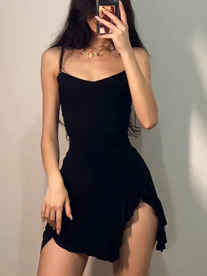 Dark Gothic Sexy Black Dress Women Streetwear Aesthetic Y2k Spaghetti Strap Lace Patchwork Irregular Hem Dress Female