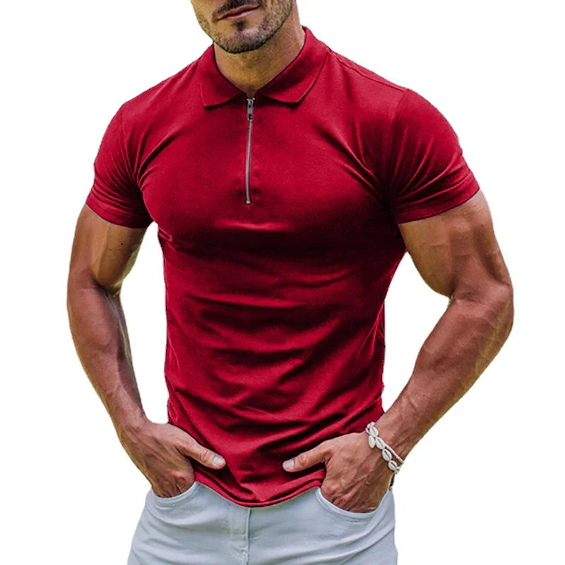 maoxiangshop New Elastic Polos Solid Color Shirt Men's Sports Tshirt Zipper Short Sleeve Slim T-shirt Casual Gym Loose Lapel Basic Tops
