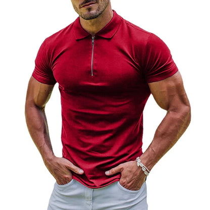 maoxiangshop New Elastic Polos Solid Color Shirt Men's Sports Tshirt Zipper Short Sleeve Slim T-shirt Casual Gym Loose Lapel Basic Tops