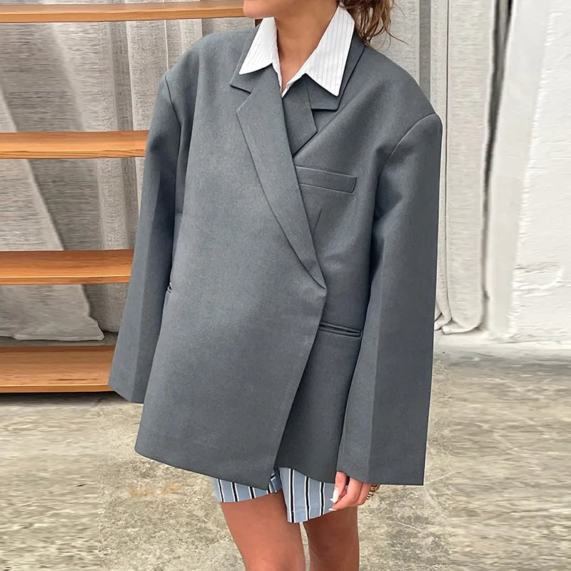 maoxiangshop  -  Loose Slanted Placket Suit Jacket Women Autumn Oversize Solid Suits Coat Female Elegant Casual Hidden Button Lapel Slit Coats
