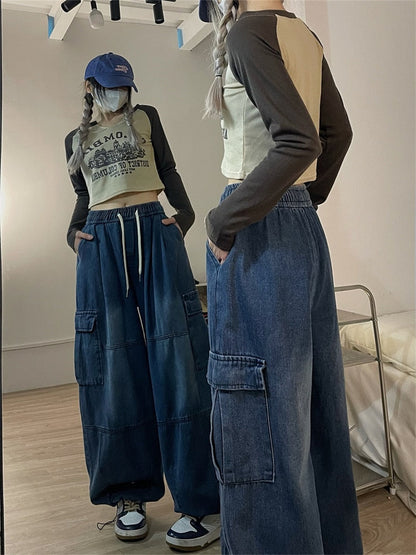 maoxiangshopHarajuku Vintage Blue Cargo Jeans Women Oversized Y2K Grunge Black Baggy Denim Pants Hip Hop Streetwear Wide Leg Trousers