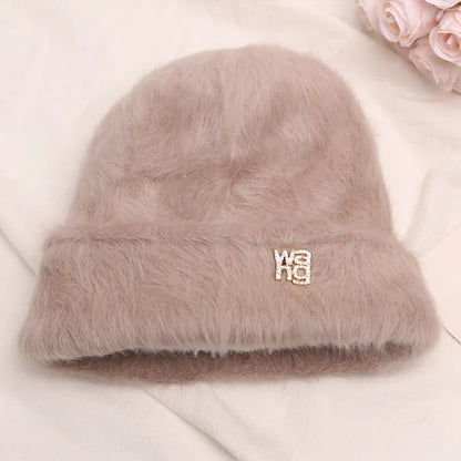 maoxiangshop New Fashion Rabbit Fur Y2k Beanies for Women Soft Warm Fluffy Angola Winter Hat Female Windproof Bonnet Hat Skullies Cap