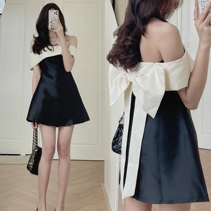 maoxiangshop Summer Casual Solid Beach Women Dress Elegant One Word Collar Dress Sexy Off Shoulder Bowknot Pleat A-Line Dress