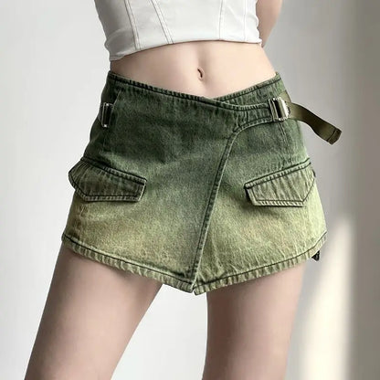 maoxiangshop  -  Y2k Punk Mini Skirts Women Green Vintage Denim Low Waist Hotsweet Streetwear Chic Safari Style Irregular Harajuku Gothic Summer