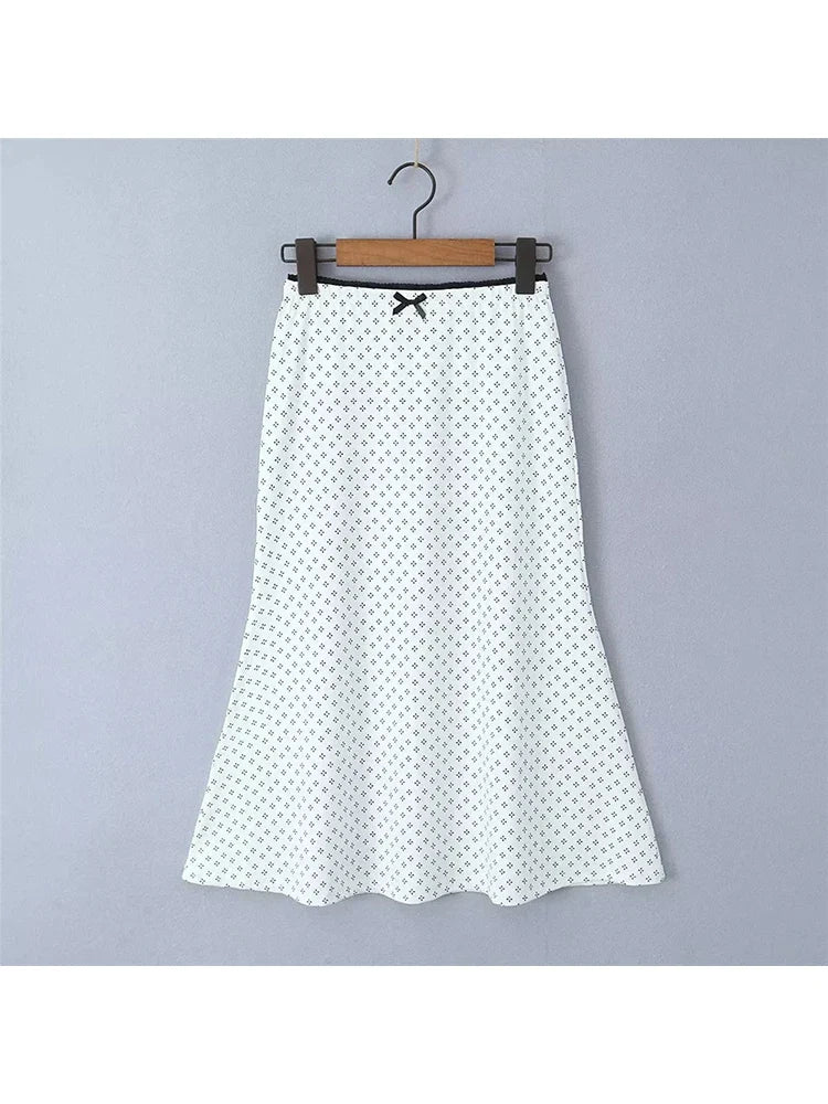 maoxiangshop  -  Summer Ladies Elegant Black Print Holiday Style Straight Skirt Cute Lace Patchwork Waist Bow Slim White Long Skirts