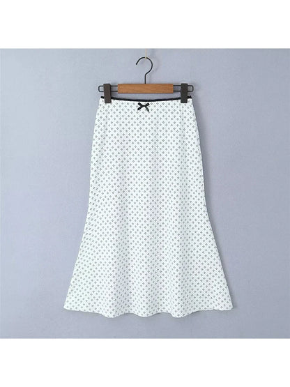 maoxiangshop  -  Summer Ladies Elegant Black Print Holiday Style Straight Skirt Cute Lace Patchwork Waist Bow Slim White Long Skirts