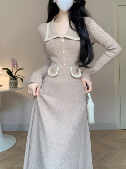 Autumn Winter Long Sleeve Knitting Midi Dress Women Fashion Turn Down Collar Button Sweater Clothes Female Soft Ribbed Jumper