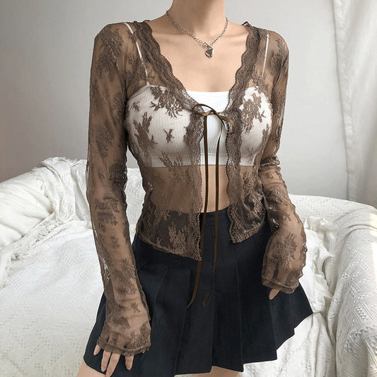 maoxiangshopWomen Sexy See Through Cardigans Y2K Long Sleeve Lace Mesh Lace Vintage Lace Tie Up Floral Crop Tops Streetwear Cardigans