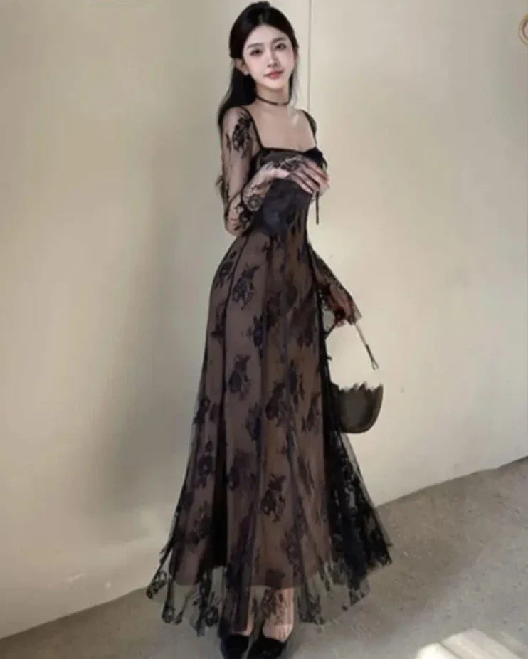 France Elegant Lace Dresses Women's Long Sleeve Lace Up Evening Party Club Vestido Spring Summer Vintage Robe Mujer