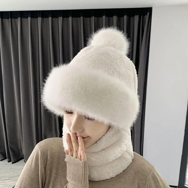 maoxiangshop Winter Scarf Set Hooded for Women Plush Neck Warm Russia Outdoor Ski Windproof Hat Thick Plush Fluffy Beanies