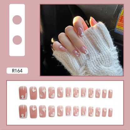 24pcs French Fake Nails Short Art Nail Tips Press Stick on False with Designs Full Cover Artificial Pink Wearable Clear Tips