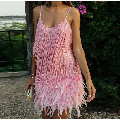 maoxiangshop New Sexy Tassel Sequins Feather Mini Dress Women Spaghetti Strap Stitching Dresses Female Elegant Evening Party Club Dress