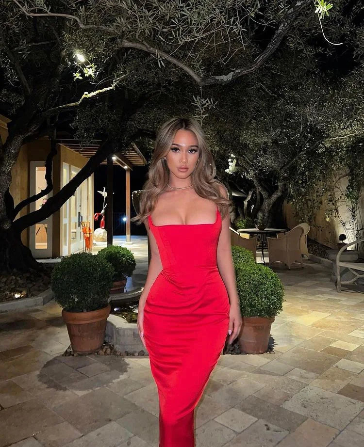 High Quality Women's Clothing Latest Fashion Bodycon Midi Dress Elegant  Satin Sexy Dress Red Night Prom Party Dresses