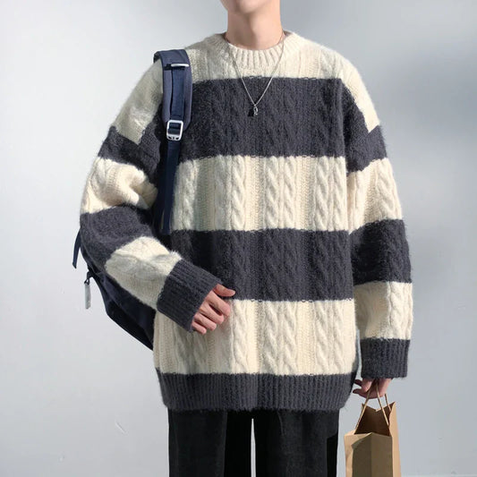 maoxiangshop New Patchwork Sweater Trend High Street Fashion Autumn Winter Warm Men's Top Hip-hop Street Knitted Pullover