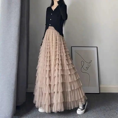 maoxiangshop Fairy Heavy Industry Net Yarn Cake Skirt Women's Spring Summer Long Ankle Design Sense Niche Figure Wide Hem Long Skirts Woman