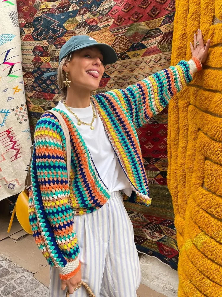 maoxiangshop -  Colorful Knit Hollow Out Cardigan For Women Open Front Loose Long Sleeve Sweater Tops Spring Autumn Chic High Streetwear